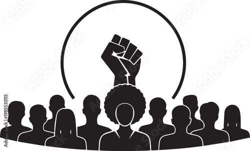 vector illustration of diverse crowd with raised black fist symbolizing unity and protest