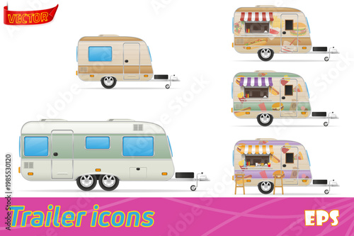 fast food trailer set icons vector illustration