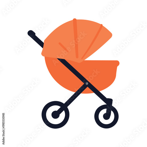 Stylish orange baby stroller isolated on a white background in a simple, modern style