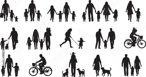 diverse family silhouettes engaging in various outdoor activities with pets
