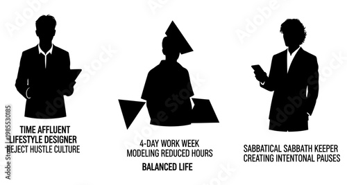Silhouettes of professionals embracing work-life balance against a white background