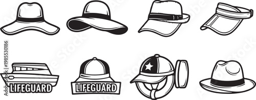 Various types of lifeguard hats and caps designed for sun protection Vector
