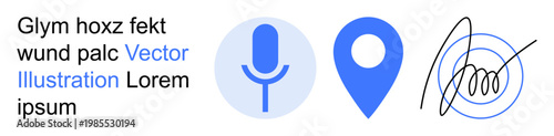 Voice recognition, location services, digital identity, security, navigation, remote access. Microphone icon, location marker and a simple signature icon. Voice recognition and location services