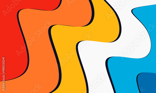 A dynamic abstract illustration featuring bold, colorful wavy shapes in red, orange, yellow, and blue, separated by dark outlines for a modern retro look.