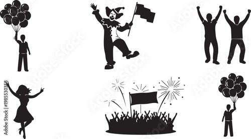 Celebration icons with joyful people and festive elements in black vector style