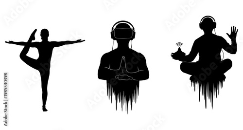 Yoga meditation and VR immersion silhouettes against white background