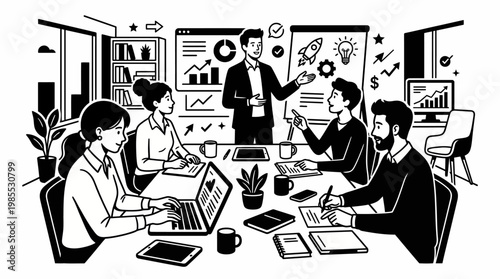 Black and White Line Illustration of Multinational Online Team Meeting in Modern Office