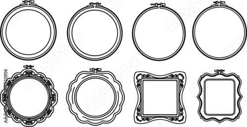 Various types of metallic rings and chains illustrated in black and white Vector