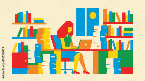 Woman studying with laptop and books.