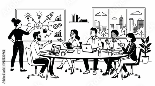 Line Art Illustration of Online Video Conference Meeting with Remote Team on Screen