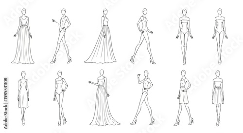 Set of 12 Female Fashion Model Poses Outline Vector