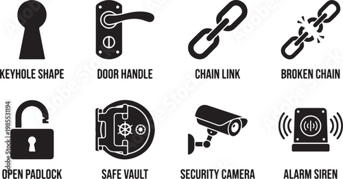Security icons, safety symbols, protection signs, lock and alarm vector graphics, 8 elements