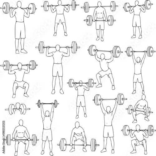 set of male fitness exercises with dumbbells and workout illustrations vector