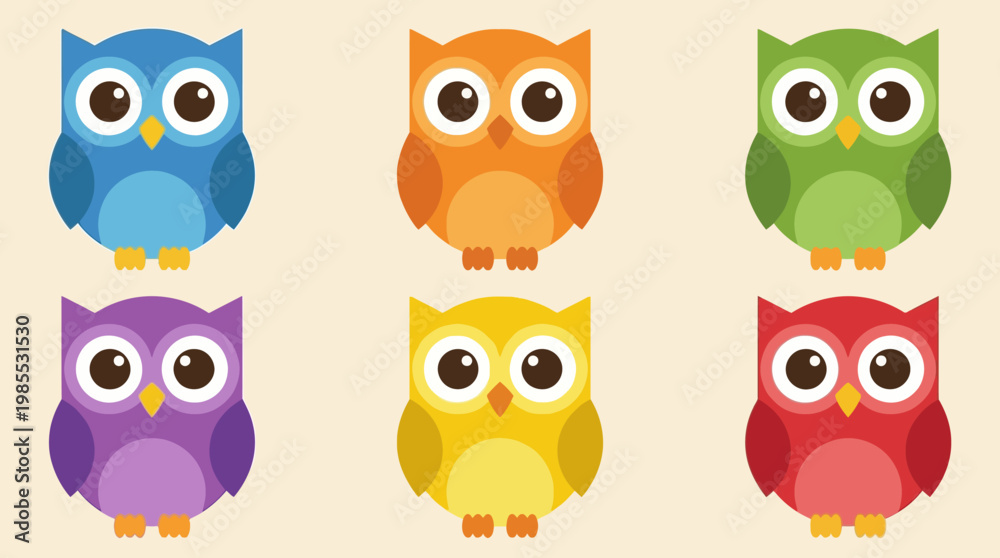 Fototapeta premium Colorful cartoon owls in different hues.