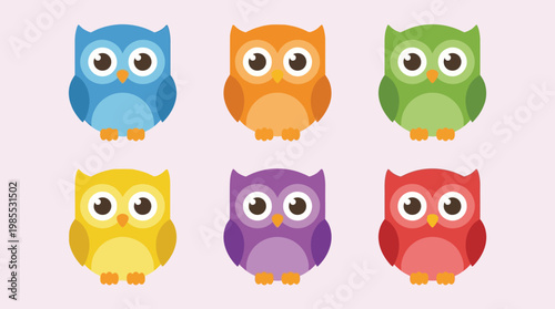 Colorful cartoon owl icons in different hues.