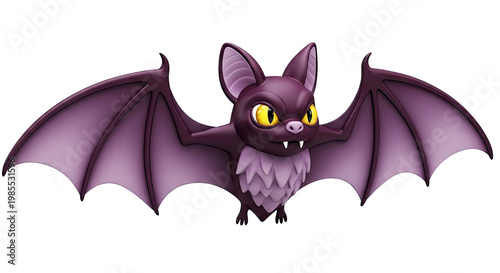 Cute Cartoon Bat with Big Yellow Eyes and Purple Wings