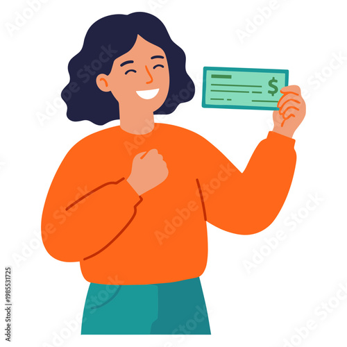 Woman holding up a large check with a happy expression indoors.