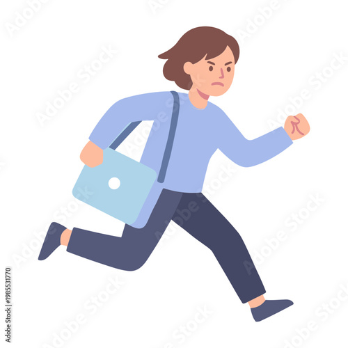 Woman runs quickly with a bag on her shoulder in a hurry.