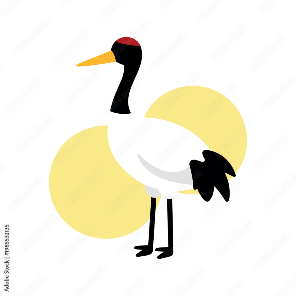 Fototapeta premium Elegant red-crowned crane stands gracefully against a soft yellow backdrop in this minimal illustration