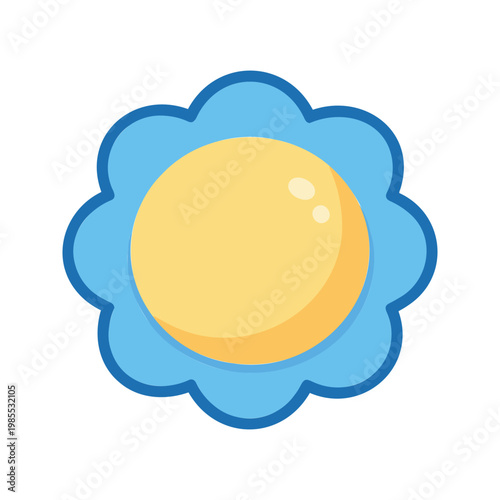Stylized flower with scalloped petals in light blue and a round yellow center brings a sense of joy