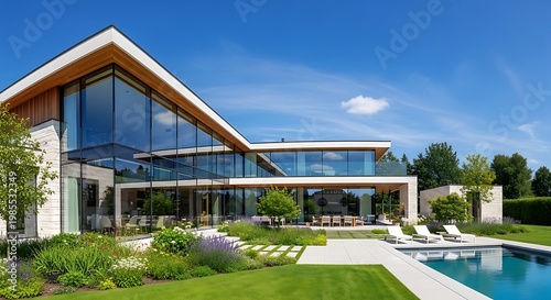 A luxury tropical resort villa features new residential architecture with a grand front door and manicured grass lawn within a lush estate garden