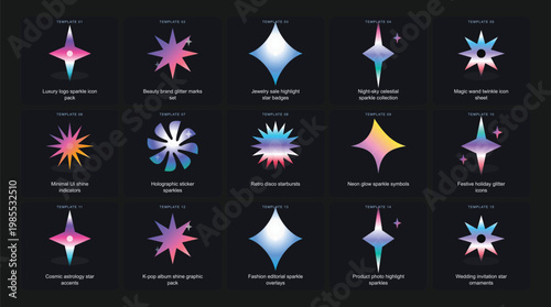 Holographic Star Sparkle Icon Set: Y2K Gradient Vector Glitter Shapes, Retro Futuristic Shine Graphics for Logo Design, UI Elements, and Cosmic Astral Decor