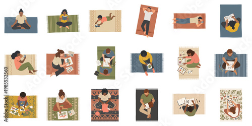 Diverse people relaxing on rugs from top view | Multiethnic characters painting and reading in flat illustration style for summer park concept