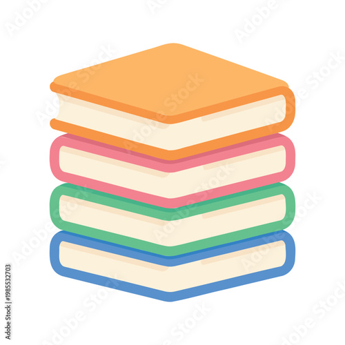 Stack of colorful books in orange, pink, green and blue cover stands on white background