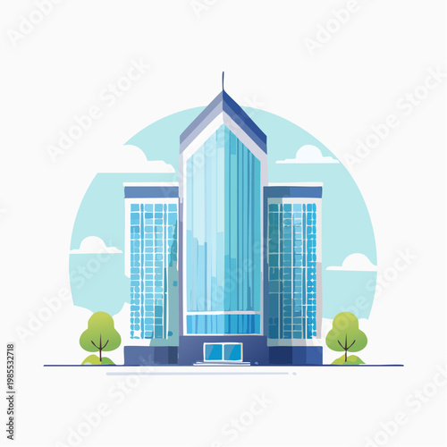Modern Corporate Office Building Illustration with Sleek Design, Blue Glass Facade, and Urban Landscape