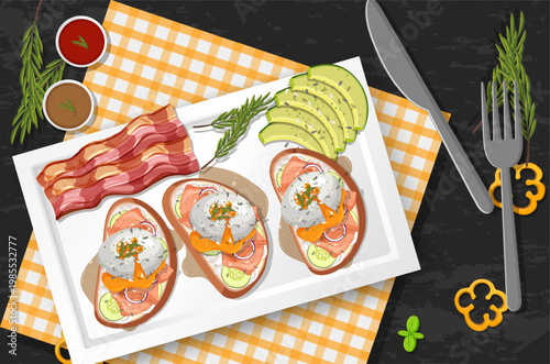 Top view food, egg benedict and placemat on black table