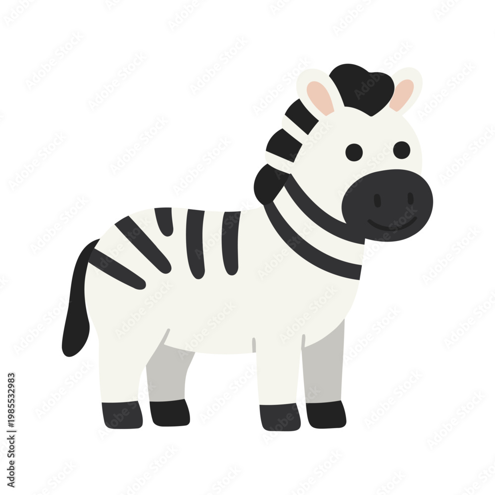 Fototapeta premium Cartoon zebra standing calmly on a white background with a happy expression