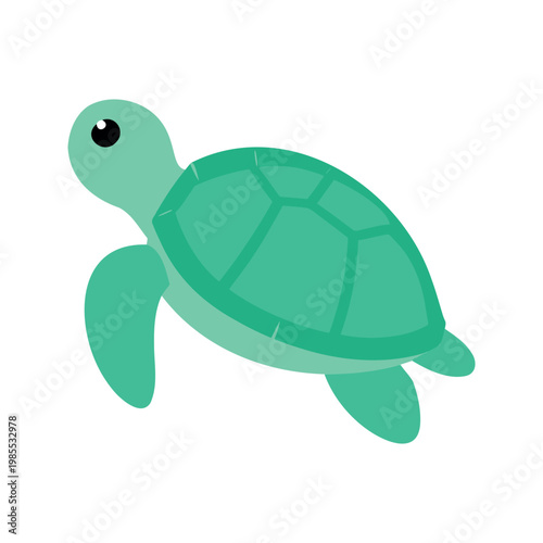 Sea turtle swims gracefully through the ocean waters in a light green cartoon illustration