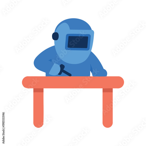 Welder working at a table with protective gear and holding welding torch