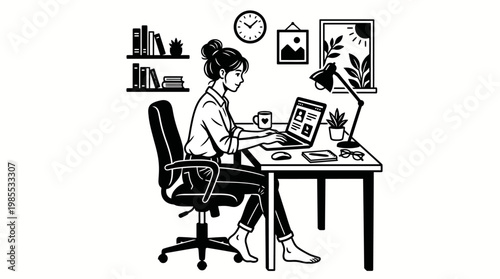 Line Art Illustration of Professional Woman Working on Laptop with Bookshelf Background