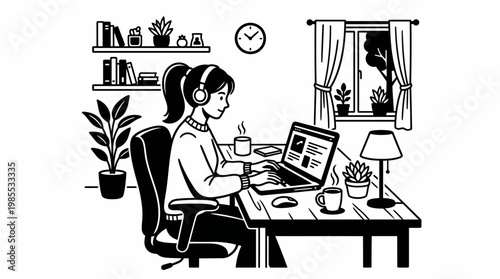 Line Art Illustration of Woman Working on Laptop with Coffee on Wooden Desk