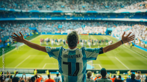 Argentina man football soccer fans in a stadium supporting the national team, celebrating victory