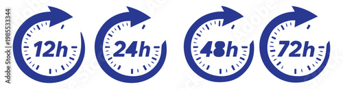 12, 24, 48 and 72 hours clock arrow. Delivery and service time. Vector icon Illustration.