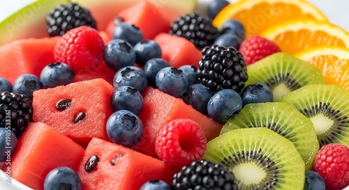 A delicious fresh fruit salad in a white bowl features a healthy mix of strawberries, blueberries, raspberries, and kiwi for a sweet and nutritious breakfast dessert