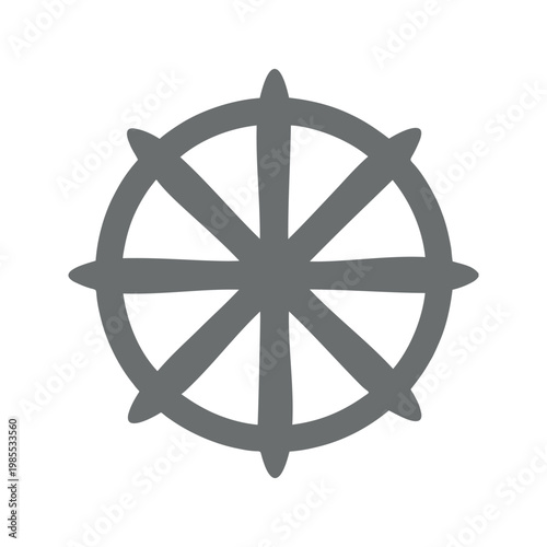 Eight-spoked dharma wheel illustration in gray against a white background