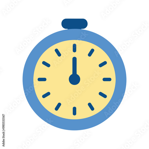 Simple stopwatch showing twelve o'clock on a yellow background, with blue hands and border