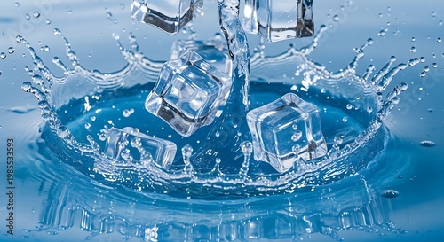 A macro shot of a clear liquid water splash with transparent droplets and ripples creates an abstract blue motion wave on a clean, fresh background