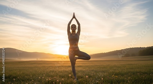 A silhouette of a woman practicing a yoga meditation pose on the beach grass at sunrise to enjoy fitness and freedom by the summer sea