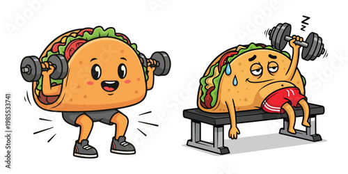 Funny tacos exercising and lifting weights with different energy levels bench press food character