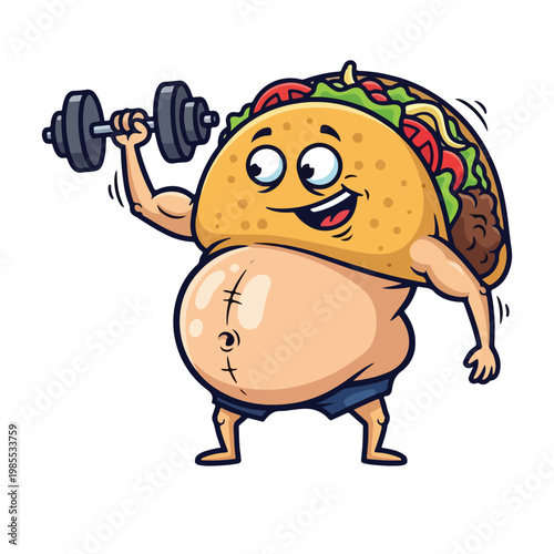 Cartoon taco character lifting weights with it's a vector illustration character dumbbell illustration