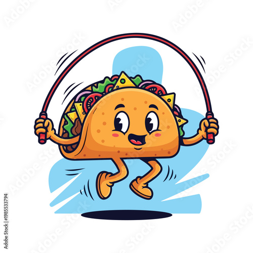 Happy taco jumping rope with mexican food rope skipping exercise illustration character lifestyle motivation