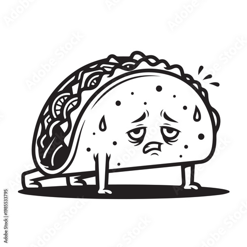 Sad taco character doing push-ups with push up food character mexican food fast food line art exercise