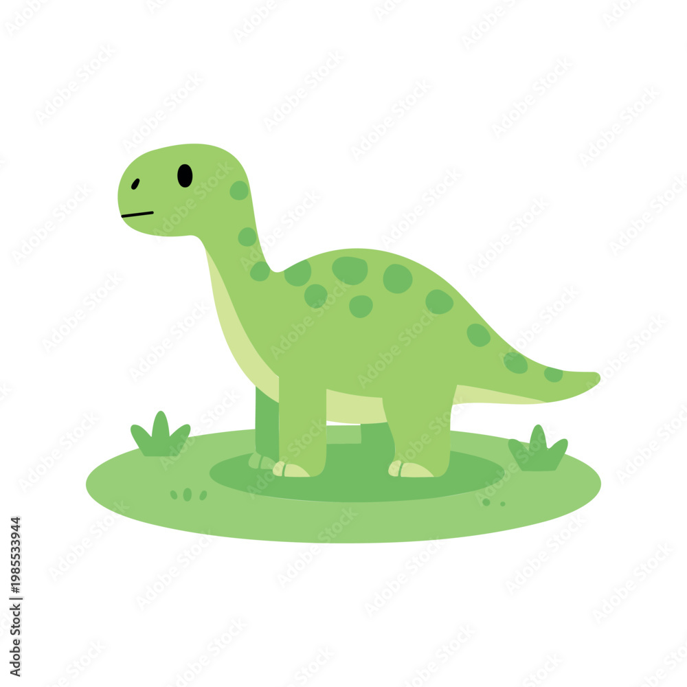Fototapeta premium Cute brachiosaurus stands on a patch of grass in simple vector illustration