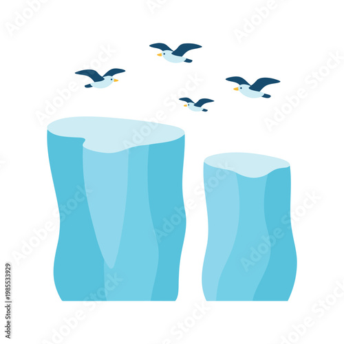 Seagulls fly above a blue iceberg formation in the arctic waters of the north pole ocean