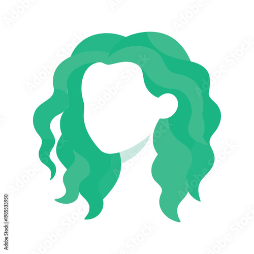 Illustration shows a blank face and mint green wavy hair against a white background