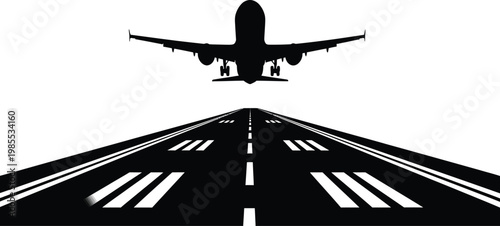 Black silhouette airplane taking off on a runway white